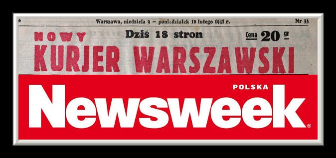 Nagłówek gazety Nowy Kurier Warszawski z 1941 roku oraz nagłówek Newsweeka