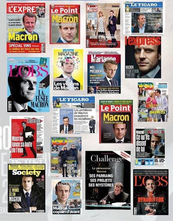 Okładki dzienników i tygodników francuskich z okresu sprzed wyborów prezydenckich, mające wszystkie na pierwszej stronie zdjęcie Emmanuela Macrona