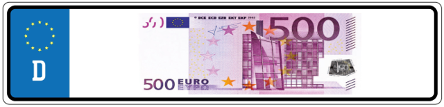 banknot 500 euro wpisany w niemiecką tablicę rejetracyjną